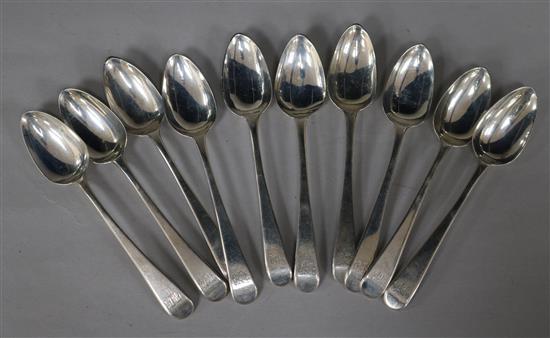A set of ten George III silver Old English pattern teaspoons, London, 1801.